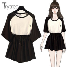 Load image into Gallery viewer, Trytree two piece set Casual O-Neck tops + shorts Skirts Elastic waist Drawstring Pockets