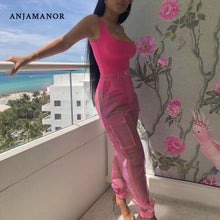 Load image into Gallery viewer, ANJAMANOR Sexy Two Piece Set Bodysuit Top and Mesh Pants Neon Pink Green Summer 2 Piece Club Outfits Matching Sets D59-AB72