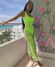 Load image into Gallery viewer, ANJAMANOR Sexy Two Piece Set Bodysuit Top and Mesh Pants Neon Pink Green Summer 2 Piece Club Outfits Matching Sets D59-AB72