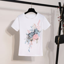 Load image into Gallery viewer, 2019 Summer Women New Fashion Embroidery Sequins 3D Flower Short Sleeve Cotton Tshirt + Hole Jeans Two Piece Pant Set Denim Suit