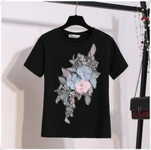 Load image into Gallery viewer, 2019 Summer Women New Fashion Embroidery Sequins 3D Flower Short Sleeve Cotton Tshirt + Hole Jeans Two Piece Pant Set Denim Suit