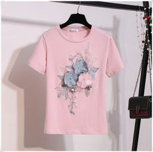 Load image into Gallery viewer, 2019 Summer Women New Fashion Embroidery Sequins 3D Flower Short Sleeve Cotton Tshirt + Hole Jeans Two Piece Pant Set Denim Suit
