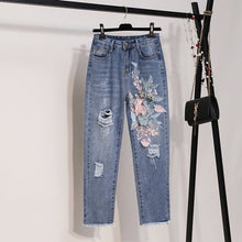 Load image into Gallery viewer, 2019 Summer Women New Fashion Embroidery Sequins 3D Flower Short Sleeve Cotton Tshirt + Hole Jeans Two Piece Pant Set Denim Suit