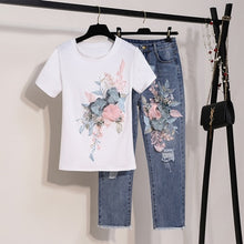 Load image into Gallery viewer, 2019 Summer Women New Fashion Embroidery Sequins 3D Flower Short Sleeve Cotton Tshirt + Hole Jeans Two Piece Pant Set Denim Suit