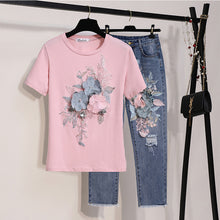 Load image into Gallery viewer, 2019 Summer Women New Fashion Embroidery Sequins 3D Flower Short Sleeve Cotton Tshirt + Hole Jeans Two Piece Pant Set Denim Suit