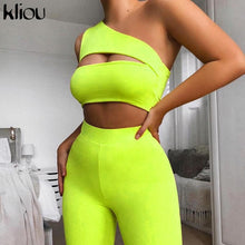 Load image into Gallery viewer, Kliou summer women neon color two pieces set off shoulder hollow out crop top elastic high waist shorts outfit tracksuit