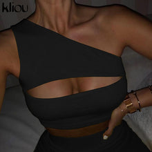 Load image into Gallery viewer, Kliou summer women neon color two pieces set off shoulder hollow out crop top elastic high waist shorts outfit tracksuit