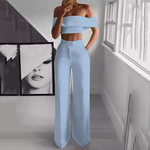 Load image into Gallery viewer, Summer Style 2PCS Off Shoulder Crop Top Straight Pants Set for Women 2019 Sexy Outfit Yellow White Pink Black Two Piece Set Suit