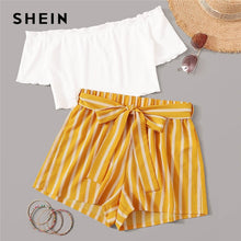 Load image into Gallery viewer, SHEIN Off Shoulder Rib-Knit Crop Top and Self Belted Striped Shorts Set 2 Piece Set Women Summer Boho Wide Leg Two Piece Set