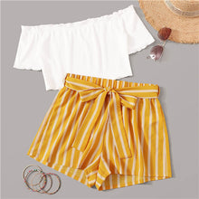 Load image into Gallery viewer, SHEIN Off Shoulder Rib-Knit Crop Top and Self Belted Striped Shorts Set 2 Piece Set Women Summer Boho Wide Leg Two Piece Set