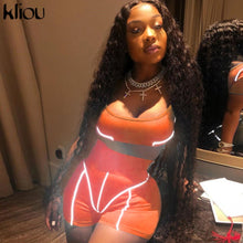 Load image into Gallery viewer, Kliou women Reflective two pieces set 2019 summer short sleeve strapless crop top Reflective striped patchwork shorts outfits