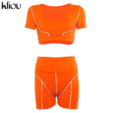 Load image into Gallery viewer, Kliou women Reflective two pieces set 2019 summer short sleeve strapless crop top Reflective striped patchwork shorts outfits