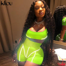 Load image into Gallery viewer, Kliou women Reflective two pieces set 2019 summer short sleeve strapless crop top Reflective striped patchwork shorts outfits