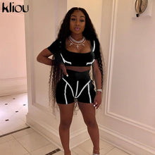 Load image into Gallery viewer, Kliou women Reflective two pieces set 2019 summer short sleeve strapless crop top Reflective striped patchwork shorts outfits